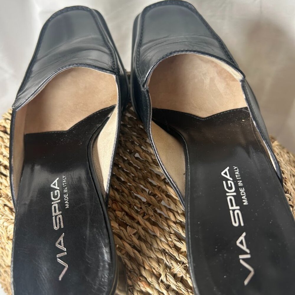 Via Spiga Black Leather Mule Heels Made in Italy Size 7 Slip On Sleek Minimalist - Picture 8 of 12
